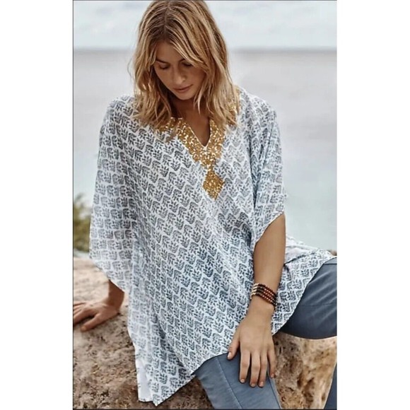 Pure Jill J Jill Poncho Womens S-L Embroidered Cover Up Tunic V-Neck Boho Beachy - Picture 1 of 10